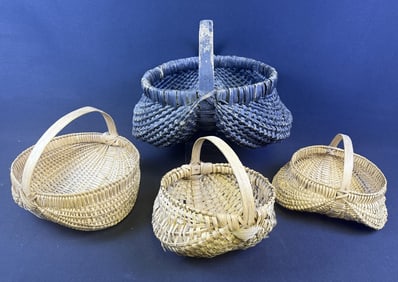 Vintage Wicker Split Egg Buttocks Baskets Large black basket has light to heavy wear including holes