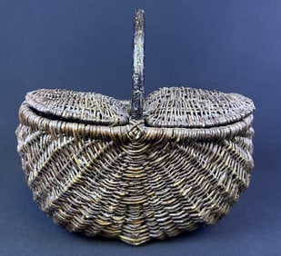 Vintage Wicker Picnic Basket 15 x 15 x 9 inches. No holes. Some wear present. Please see photos for