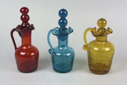 Vintage Crackle Glass Cruets Red and blue measure 6.25 x 2.5 inches including stoppers. Free from