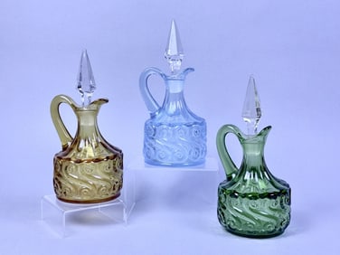 Vintage Colored Glass Cruets Amber, Green and Blue. Free from damage