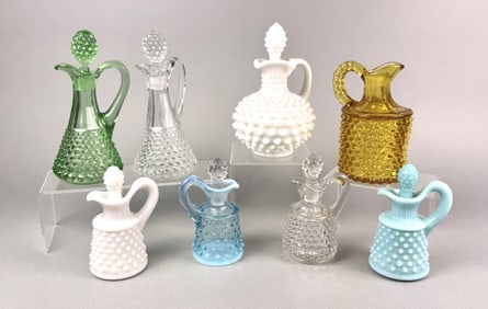 Vintage Hobnail Glass Cruets Measure 4.5, 5.5, 6.5, 7 inches tall.