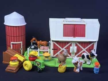 Vintage Fisher-Price Little People Farm Playset Includes items shown.