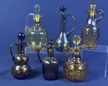 Vintage Brown & Amber Glass Cruets Lot of 6 5.5-7 inches tall.
