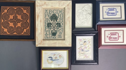Wall Art Needlepoint, Watercolors, Sketch Collection of seven small pieces of wall art including two