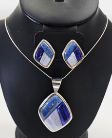 Jay King DTR Sterling Lapis & Agate Necklace Set Earrings weigh 13.2