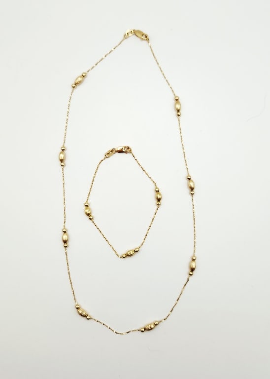 14K Yellow Gold Beaded Necklace & Bracelet Necklace is 18". Bracelet is 7". Lot weighs 7.8 grams. (1 of 8)