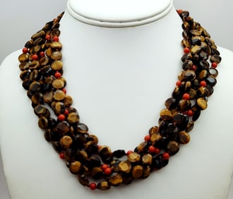 Six Strand Tiger Eye & Red Bead Hand Knotted Statement Necklace With Wooden Clasp