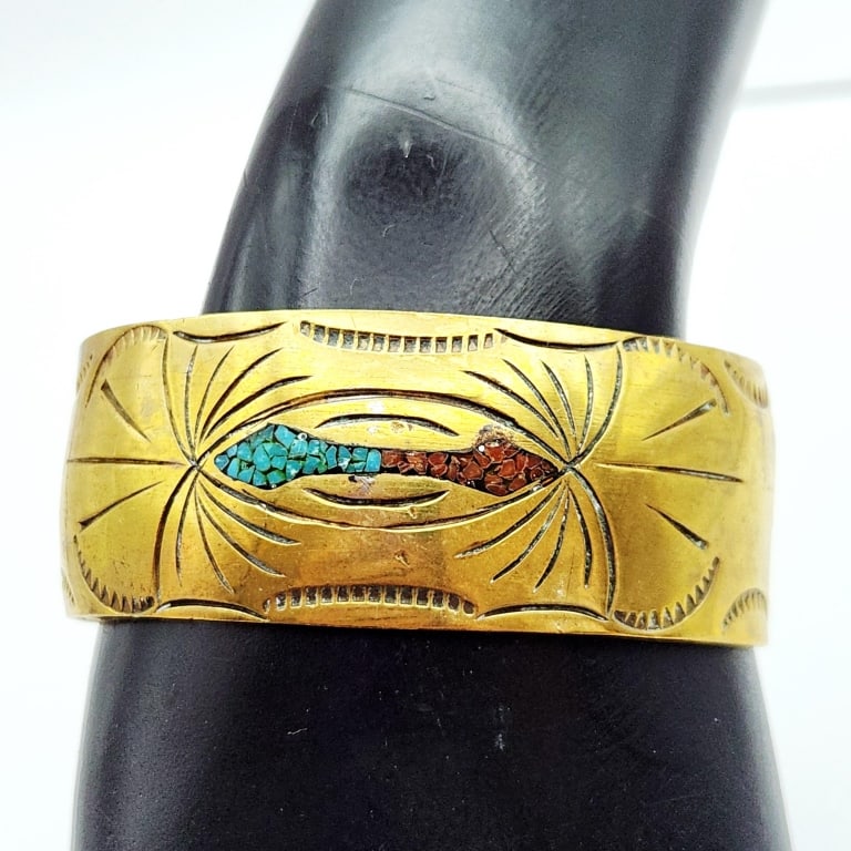 Southwest Turquoise & Coral Inlay Brass Cuff Bracelet Signed RK (1 of 5)