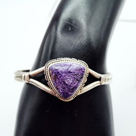 LJ 925 Sterling Silver Purple Charoite Cuff Bracelet Weighs 18.6 grams.