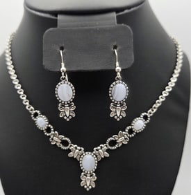 Sterling Silver Blue Lace Agate Set Necklace Measures 18"