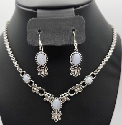 Sterling Silver Blue Lace Agate Set Necklace Measures 18" (1 of 9)