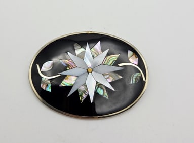 Vintage Sterling MOP and Abalone Inlay Brooch Brooch Weighs 9.9 Grams