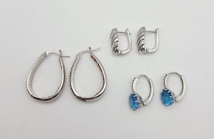 Set of Vintage Crystal Earrings Silver Tone Metal