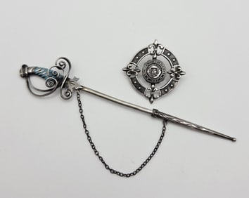 Vintage Sterling Silver Sword and College Pins Sword Pin Weighs 6.2 Grams