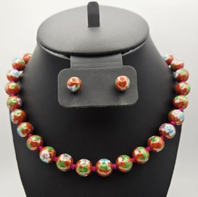Hand Painted Enamel Bead Necklace & Earrings Necklace Measures 24"