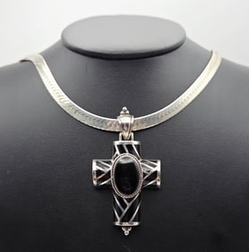 Vintage Sterling Silver Onyx Inlay Cross Necklace Necklace Measures 19"