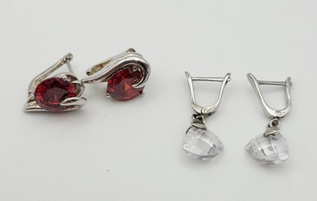 Sterling Silver Clear and Red Crystal Earrings Red Earrings Weigh 6.9 Grams