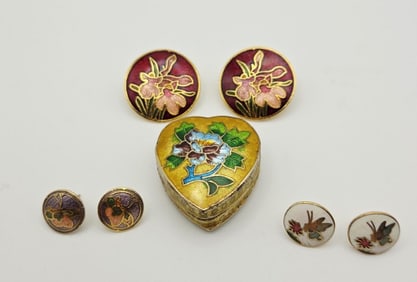 Vintage Gold Floral Cloisonne Earrings & Locket Gold Tone Metal