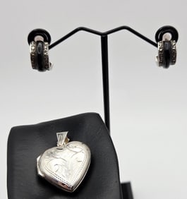 Vintage Sterling Silver Enamel Set Earrings Weigh 4.4 Grams Locket Weighs 3.5 Grams