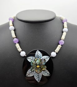 Vintage Lee Sands Abalone Inlay Necklace Necklace Measures 20" Amethyst and Agate Beads