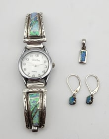 Vintage Sterling Silver Opal Set Watch Measures 6"