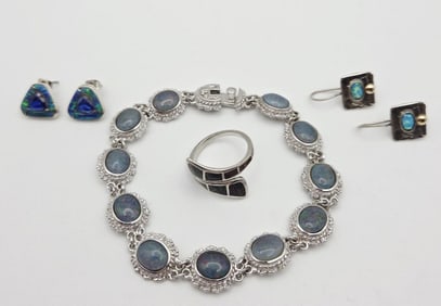 Sterling Silver Opal Set Bracelet Measures 8"