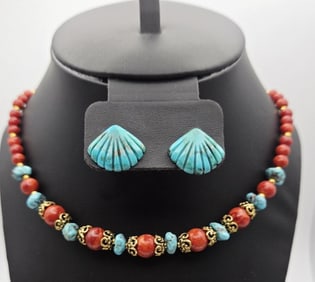 Turquoise and Red Coral Necklace & Earrings Necklace Measures 19" Gold and Silver Tone Metal