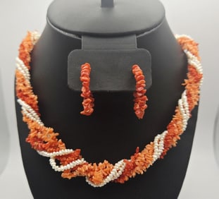 14K Gold Red and Pink Coral Necklace & Earrings Necklace Measures 23"