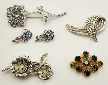 Coro Blue AB Brooch Pin & Clip Earrings Gold Tone Green Rhinestone Gold Tone Brooch Pin Austria