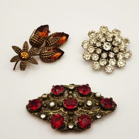 Vintage Gold Tone Rhinestone Tulips W. Germany Gold Tone Czech Ruby Glass Filigree & Czech