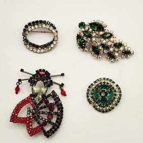 Asian Silver Tone Rhinestone Figural Geisha & Silver Tone Green Dark Blue AB & Clear Rhinestones