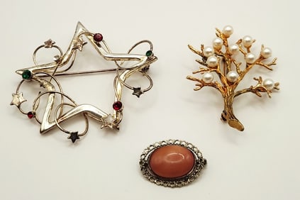 Sterling Silver Wrapped Star With Rhinestone Accents Vermeil & Pearl Tree Of Life & Filigree