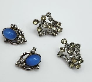 Sterling Moonstone Cabochon & Rhinestone & Rhinestone Crown Earring With Sterling Screw Backs