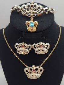 Silver Tone Faux Pearl & Rhinestone Necklace Bracelet Clip Earrings Set & Coro Gold Tone Pink & Blue