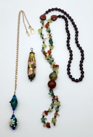 Gold Tone Lamp Art Glass Pendant Necklace Lamb Work Bead Pink & Green Floral Sterling Ends Pendant