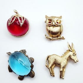 Sarah Coventry Margarita Pink Lucite Apple & Professor Owl Wearing Articulated Glasses Silver Tone