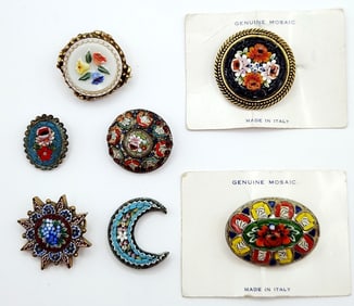 Italian Micro Mosaic & Gold Tone Pressed Glass Floral Brooches Pins