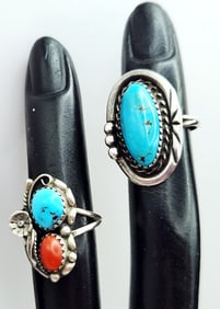 Navajo Artist Thomas Singer Sterling Silver Turquoise & Coral & Sterling Silver Turquoise Oblong