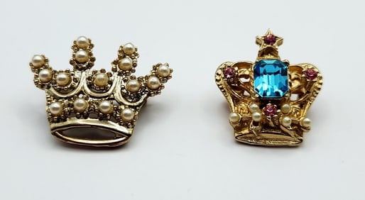 Vintage Gold Tone Faux Pearls Blue & Pink Rhinestone Brooches