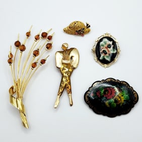 Gold Tone Faux Amber Bouquet Art Deco Woman Bejeweled Hat Floral & Wooden Lacquer Russian Tole
