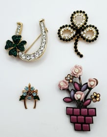 Enamel 4 Leaf Clover On Rhinestone Horseshoe Enamel Flower On Wishbone 2011 FL Navy & Clear Shamrock