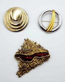 Monet Gold Tone Shiny Textured Swirl Monet Silver & Gold Tone Modernist & Brass & Enamel Brutalist