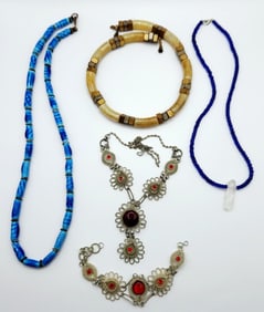 Long Tube Type Glass Bead Hook Closure Kenneth J Lane Cream Agate & Metal Blue Glass Bead & Crystal
