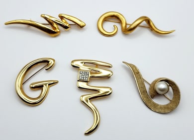 Gold Tone G Modernist Squiggle Parklane Squiggle Matte Swirl & Coro Gold Tone Textured Faux Pearl