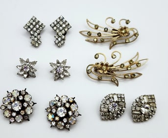 Aurora Borealis Clear Rhinestone Clip Earring Sets & Gold Tone Rhinestone Flowers Climber Earrings