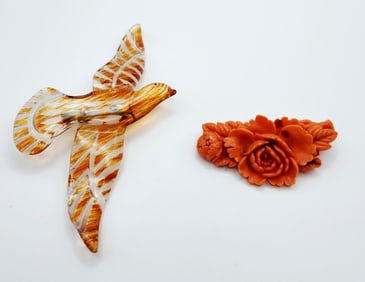 Carved Orange Lucite Bird In Flight & Faux Coral Celluloid Floral Brooches Pins
