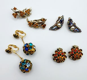 Rhinestone Disco Ball Dangle Drop Earrings Coro Yellow Rhinestone Blue Rhinestone & Faux Pearl