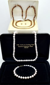 Freshwater Cultured Pearl Necklace & Bracelet 18K Vermeil Clasps & Chocolate Freshwater Cultured