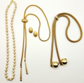 Lot of 8 Necklaces Inc. Gold Tone Cream Jasper Bead Gold Tone Floral Mesh Slider & Earrings Gold