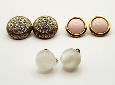 Gold Tone & Rhinestone Gold Tone Continental Faux Pink Coral Cabachon Earrings & White Moon Glow